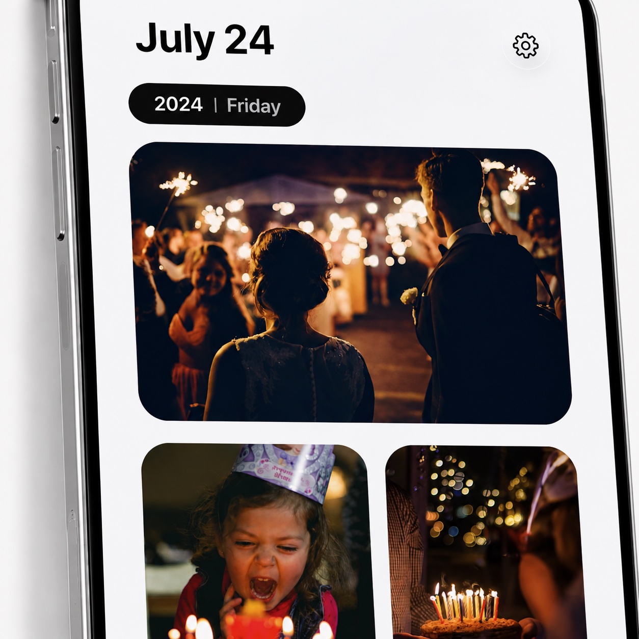 A close-up of Photura’s iPhone timeline, filled with wedding and birthday memories.