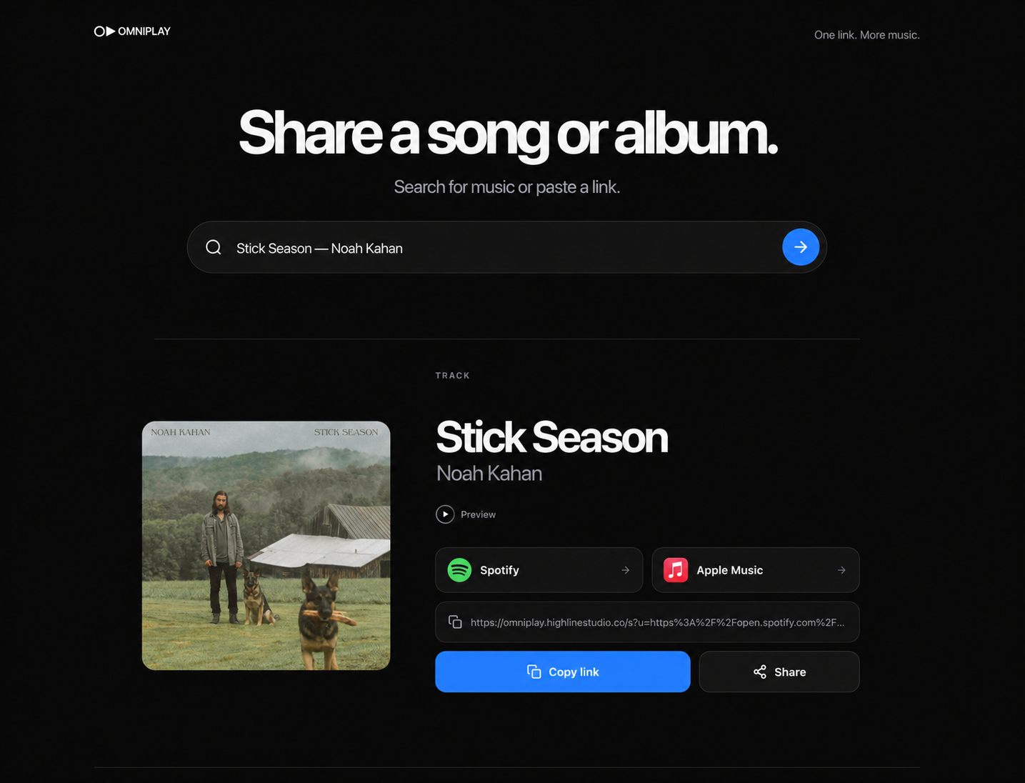OmniPlay resolving Stick Season by Noah Kahan across Spotify and Apple Music.